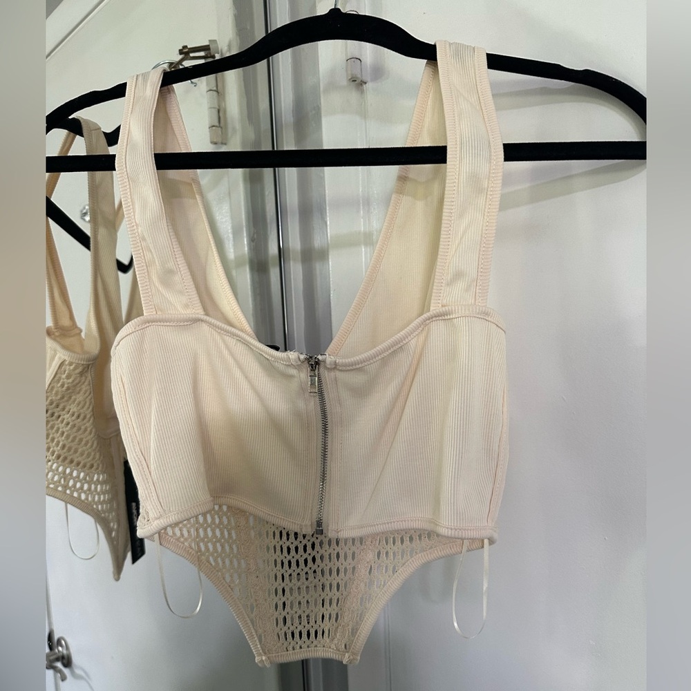 Fashion Nova Cream Mesh Detail Top - Picture 2 of 2